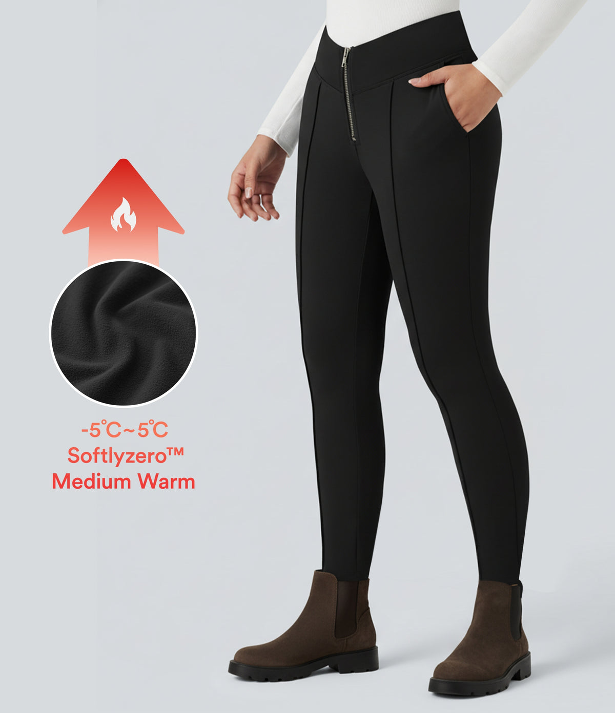 Plush Thermal V Shaped High Waisted Zipper Work Trousers with Pockets — Black — view 1