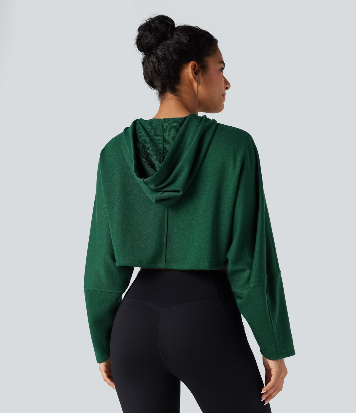 Hooded Dropped Shoulder Cropped Relaxed Casual Sweatshirt — Rain Forest — view 2