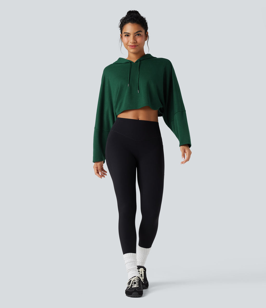 Hooded Dropped Shoulder Cropped Relaxed Casual Sweatshirt — Rain Forest — view 6