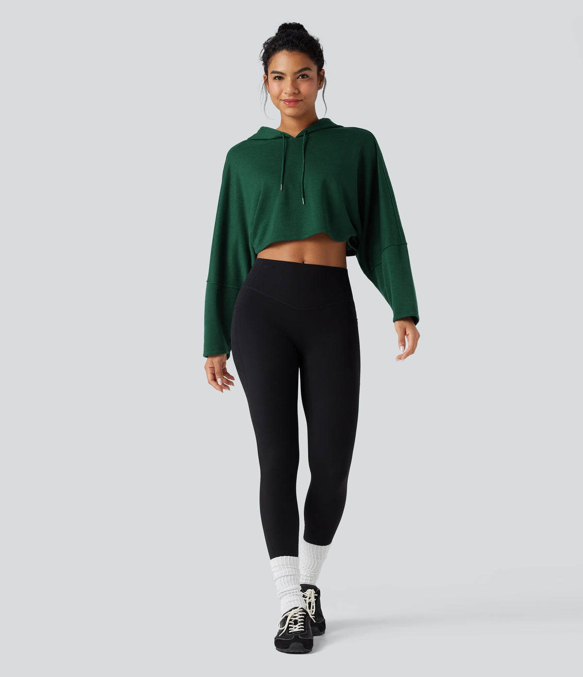 Hooded Dropped Shoulder Cropped Relaxed Casual Sweatshirt — Rain Forest — view 6