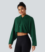 Hooded Dropped Shoulder Cropped Relaxed Casual Sweatshirt — Rain Forest — view 3