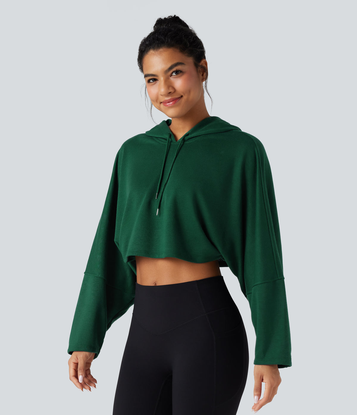 Hooded Dropped Shoulder Cropped Relaxed Casual Sweatshirt — Rain Forest — view 3