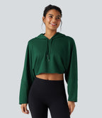 Hooded Dropped Shoulder Cropped Relaxed Casual Sweatshirt — Rain Forest — view 1