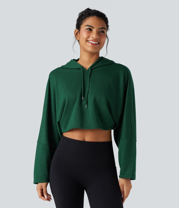 Hooded Dropped Shoulder Cropped Relaxed Casual Sweatshirt — Rain Forest — view 1