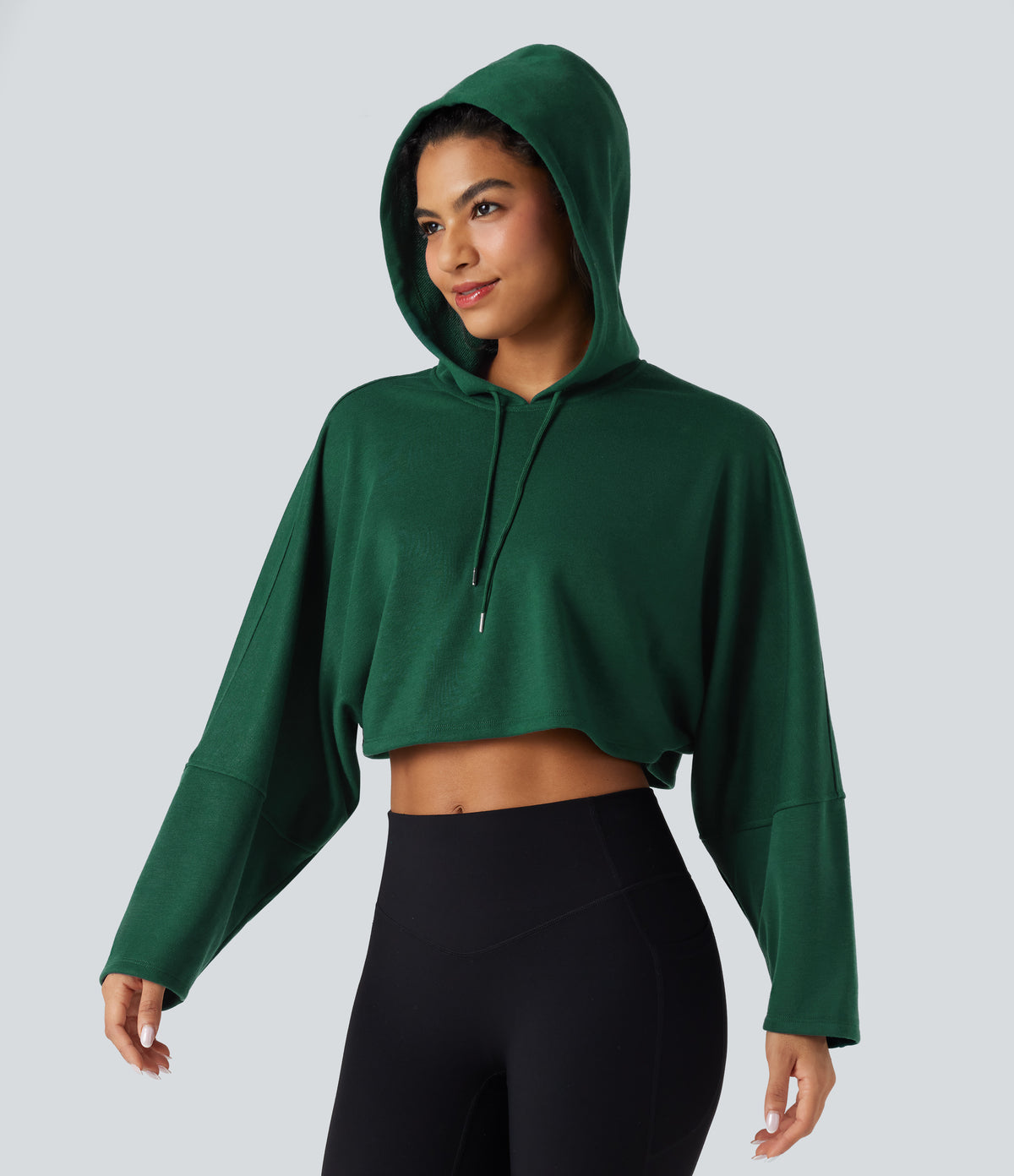 Hooded Dropped Shoulder Cropped Relaxed Casual Sweatshirt — Rain Forest — view 5