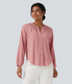 Round Neck Long Sleeve Curved Hem Textured Casual Blouse — Bridal Rose — view 6
