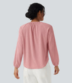 Round Neck Long Sleeve Curved Hem Textured Casual Blouse — Bridal Rose — view 3