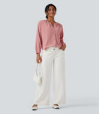 Round Neck Long Sleeve Curved Hem Textured Casual Blouse — Bridal Rose — view 7