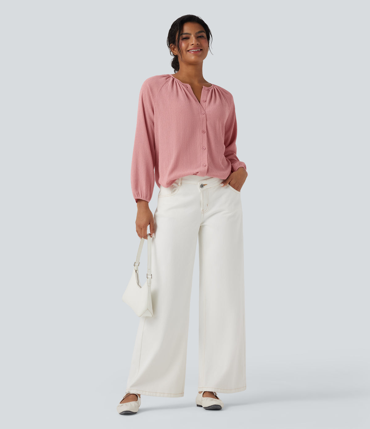 Round Neck Long Sleeve Curved Hem Textured Casual Blouse — Bridal Rose — view 7
