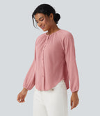 Round Neck Long Sleeve Curved Hem Textured Casual Blouse — Bridal Rose — view 4