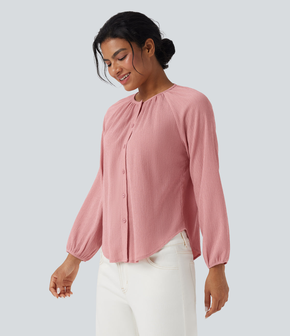 Round Neck Long Sleeve Curved Hem Textured Casual Blouse — Bridal Rose — view 4