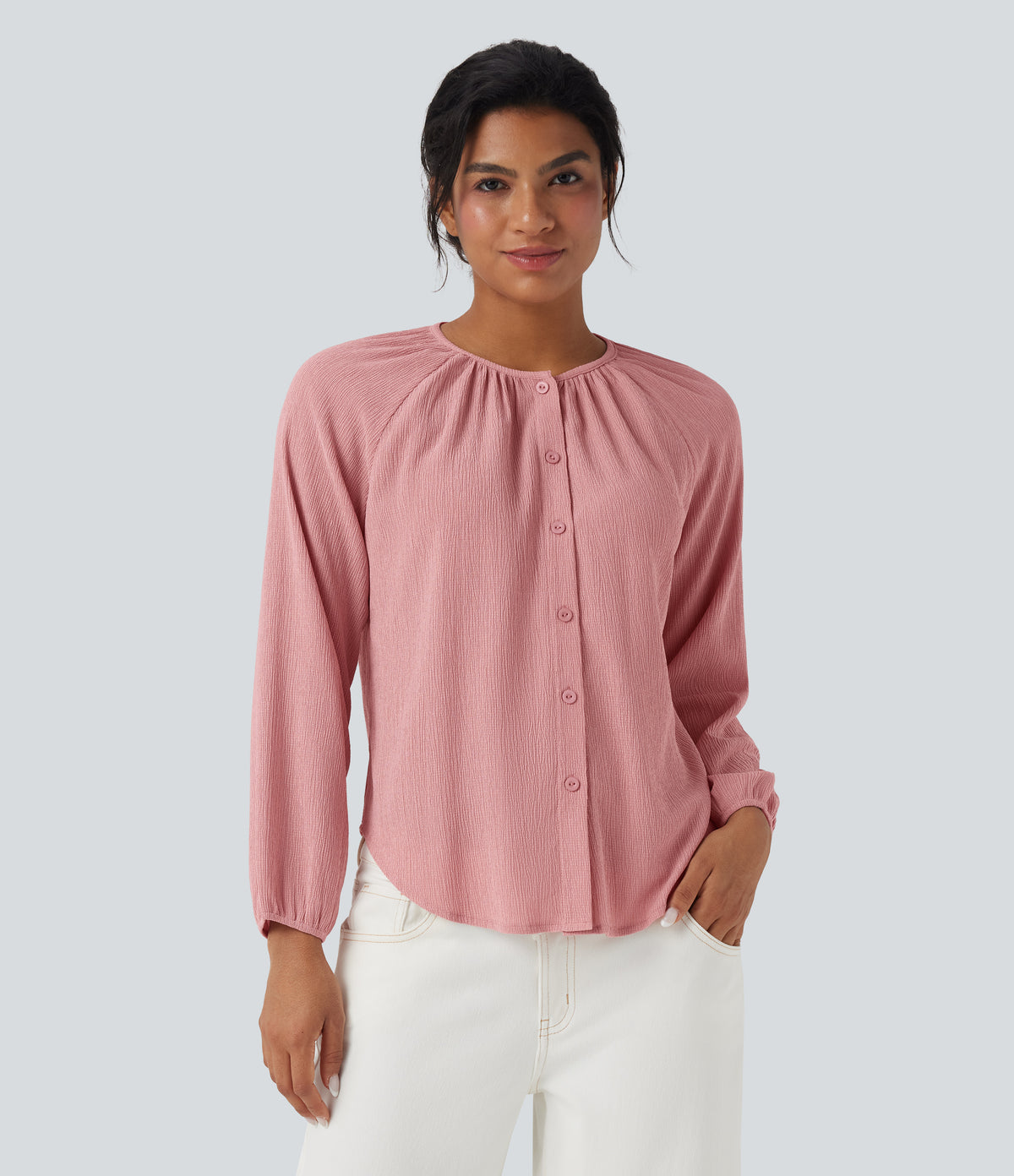 Round Neck Long Sleeve Curved Hem Textured Casual Blouse — Bridal Rose — view 2