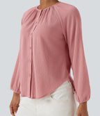 Round Neck Long Sleeve Curved Hem Textured Casual Blouse — Bridal Rose — view 1