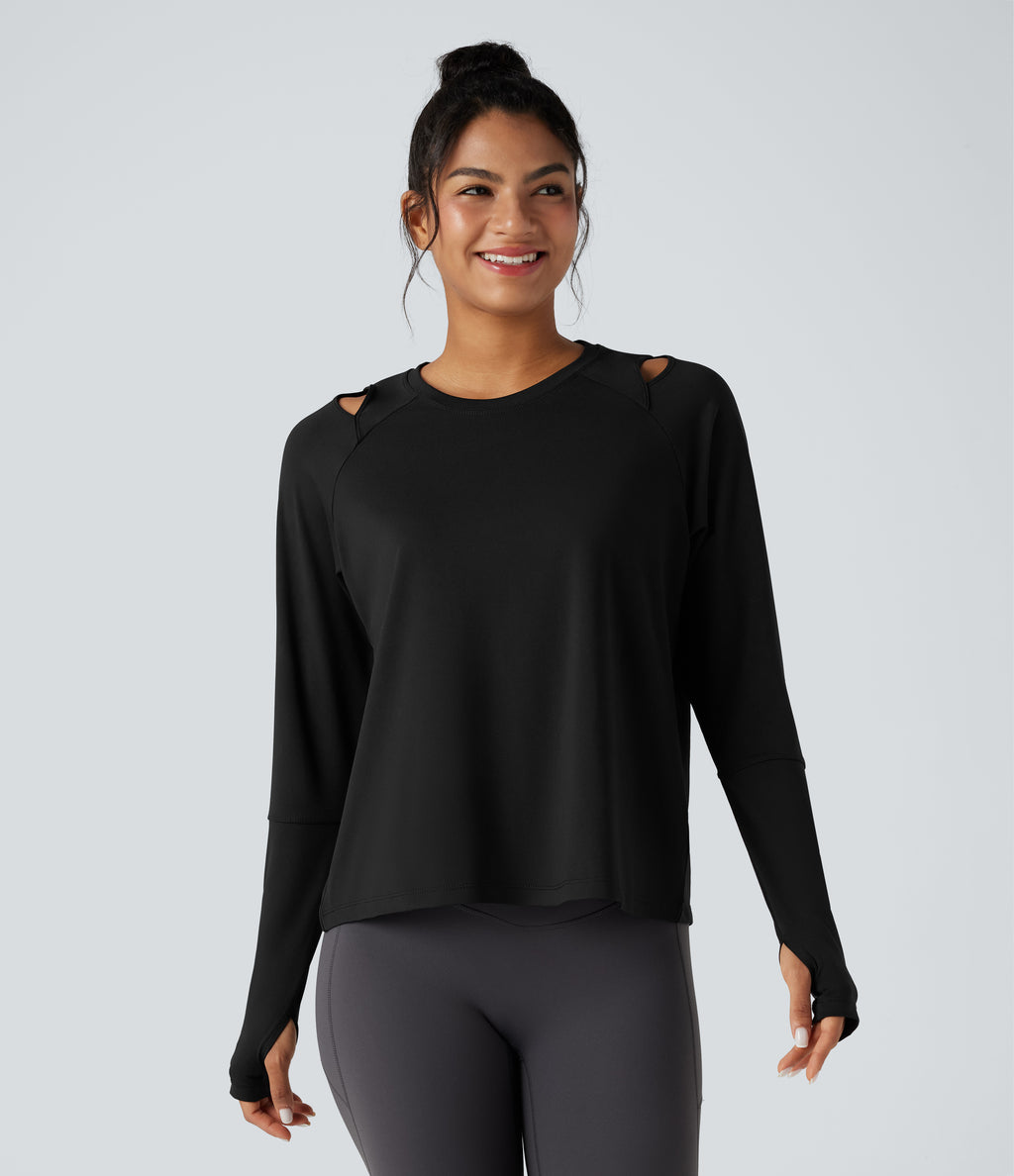 Cut-out Long Sleeve Thumb Holes Running Sports Top — Black — view 8