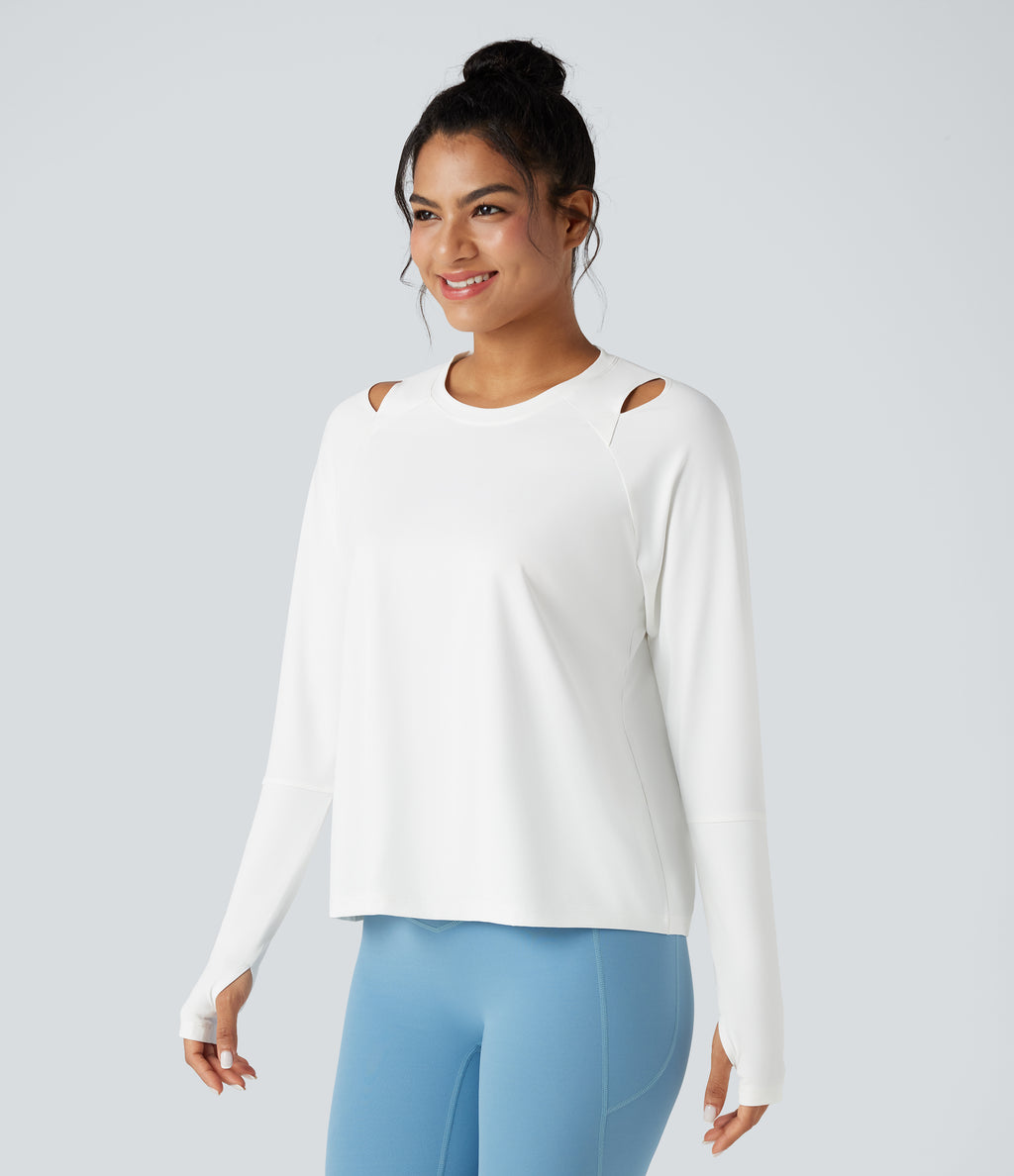 Cut-out Long Sleeve Thumb Holes Running Sports Top — White — view 3