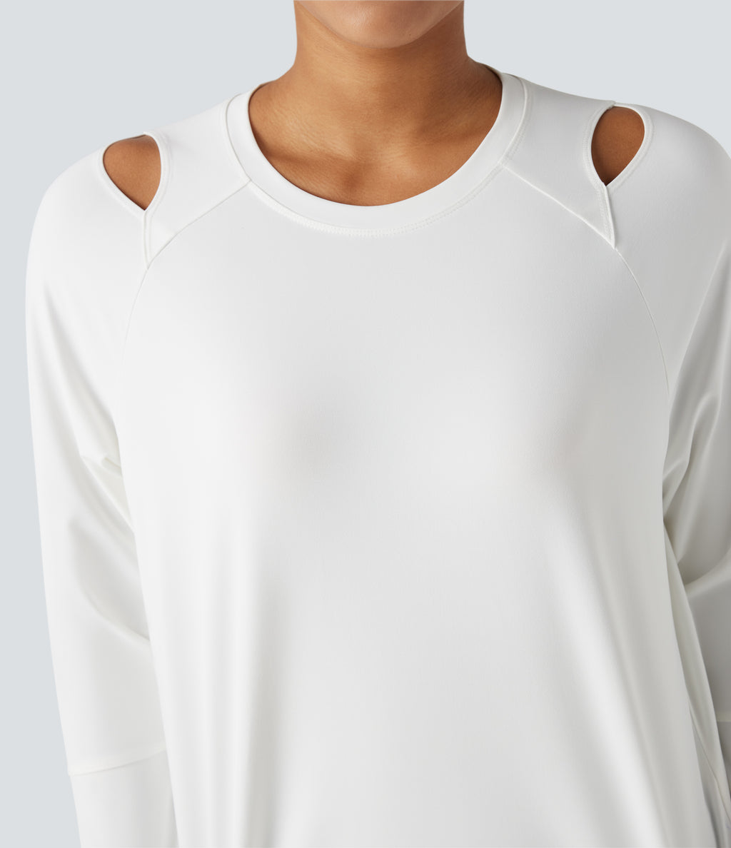 Cut-out Long Sleeve Thumb Holes Running Sports Top — White — view 4