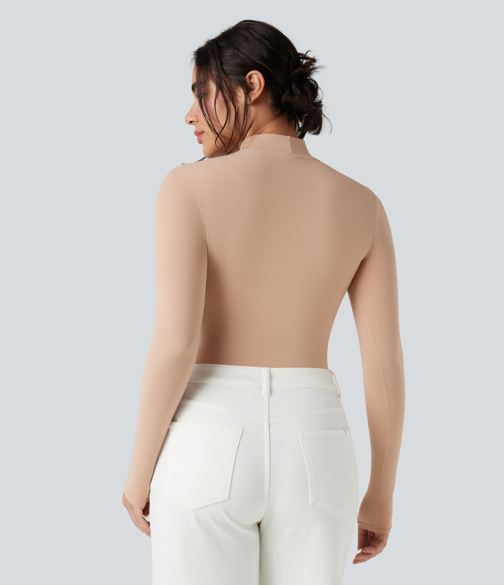 High Stretch Skin Friendly Mock-neck Long Sleeve Skinny Casual Bodysuit — Maple Sugar — view 2