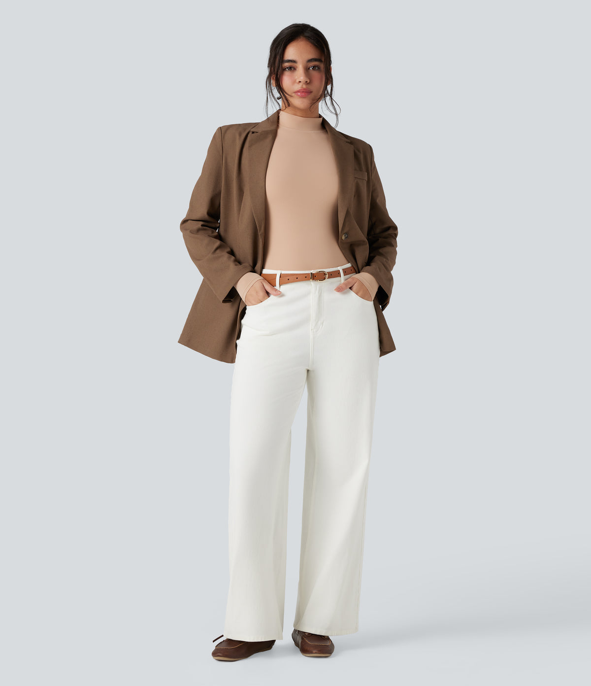 High Stretch Skin Friendly Mock-neck Long Sleeve Skinny Casual Bodysuit — Maple Sugar — view 7