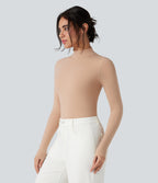 High Stretch Skin Friendly Mock-neck Long Sleeve Skinny Casual Bodysuit — Maple Sugar — view 3