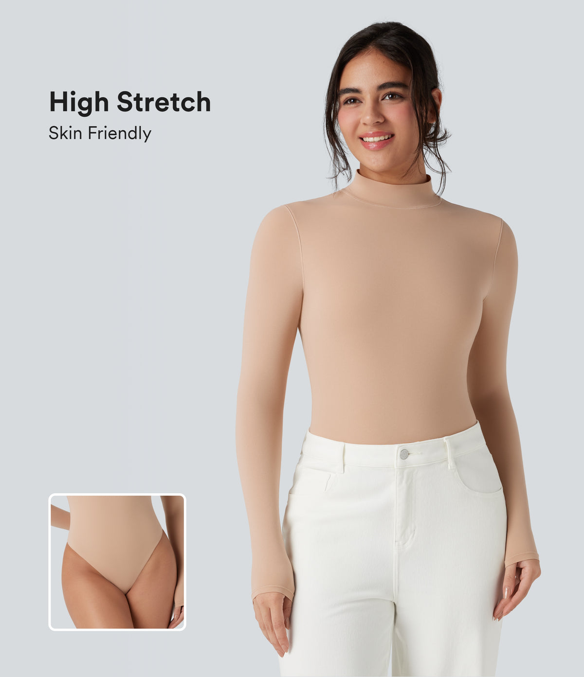 High Stretch Skin Friendly Mock-neck Long Sleeve Skinny Casual Bodysuit — Maple Sugar — view 1