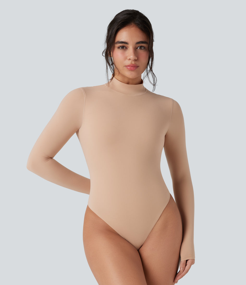 High Stretch Skin Friendly Mock-neck Long Sleeve Skinny Casual Bodysuit — Maple Sugar — view 5