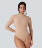 High Stretch Skin Friendly Mock-neck Long Sleeve Skinny Casual Bodysuit — Maple Sugar — view 5