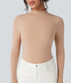 High Stretch Skin Friendly Mock-neck Long Sleeve Skinny Casual Bodysuit — Maple Sugar — view 4