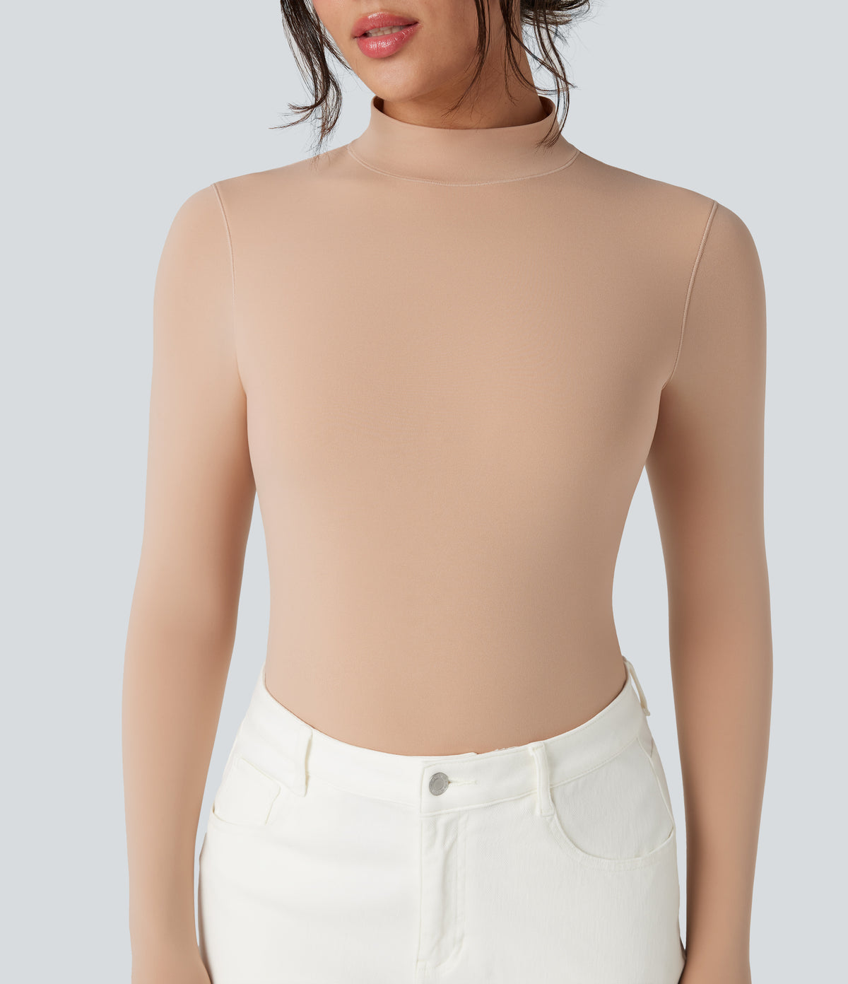 High Stretch Skin Friendly Mock-neck Long Sleeve Skinny Casual Bodysuit — Maple Sugar — view 4
