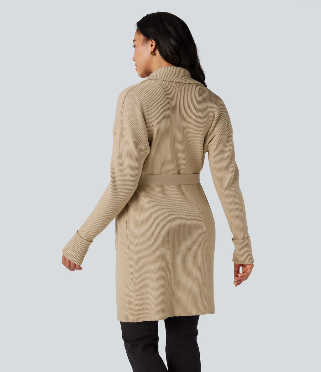 Lapel Long Sleeve Belted Longline Casual Cardigan with Pockets — Bleached Sand — view 2