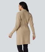 Lapel Long Sleeve Belted Longline Casual Cardigan with Pockets — Bleached Sand — view 2