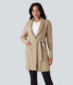 Lapel Long Sleeve Belted Longline Casual Cardigan with Pockets — Bleached Sand — view 1