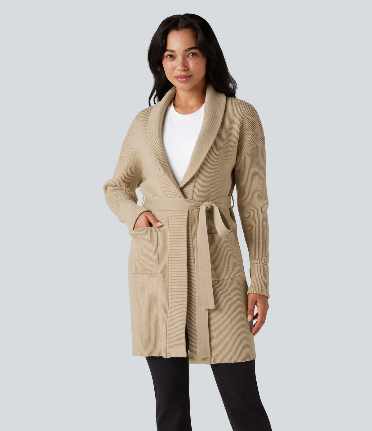 Lapel Long Sleeve Belted Longline Casual Cardigan with Pockets — Bleached Sand — view 1