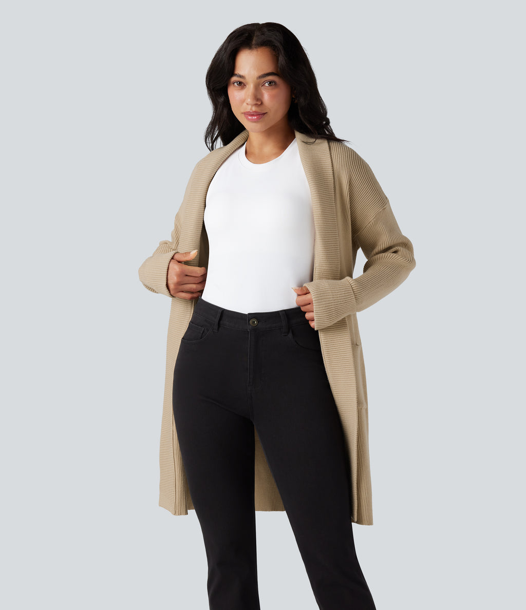 Lapel Long Sleeve Belted Longline Casual Cardigan with Pockets — Bleached Sand — view 6