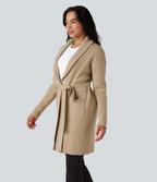 Lapel Long Sleeve Belted Longline Casual Cardigan with Pockets — Bleached Sand — view 3