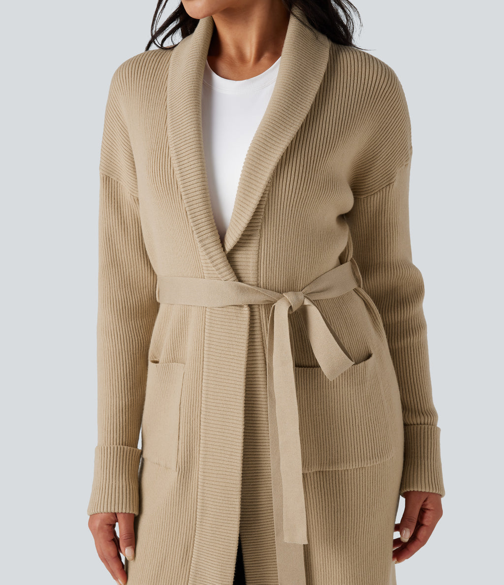 Lapel Long Sleeve Belted Longline Casual Cardigan with Pockets — Bleached Sand — view 4