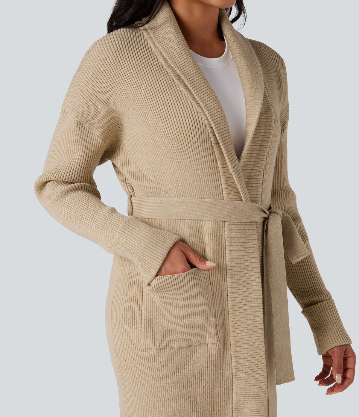 Lapel Long Sleeve Belted Longline Casual Cardigan with Pockets — Bleached Sand — view 5