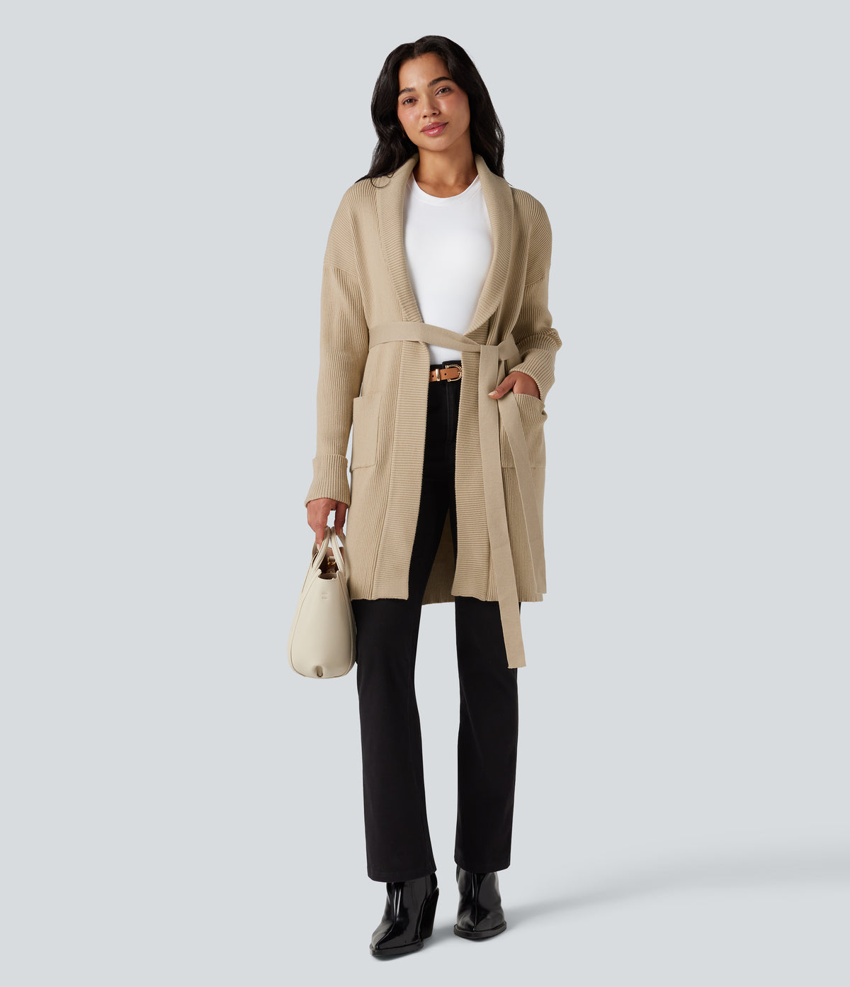 Lapel Long Sleeve Belted Longline Casual Cardigan with Pockets — Bleached Sand — view 8