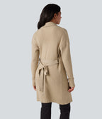 Lapel Long Sleeve Belted Longline Casual Cardigan with Pockets — Bleached Sand — view 7