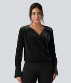Crossover V-neck Long Sleeve Velvet Work Blouse — Black — view 1