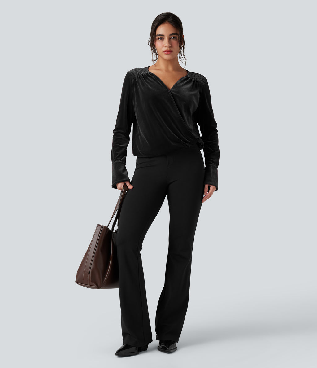 Crossover V-neck Long Sleeve Velvet Work Blouse — Black — view 6