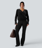 Crossover V-neck Long Sleeve Velvet Work Blouse — Black — view 6