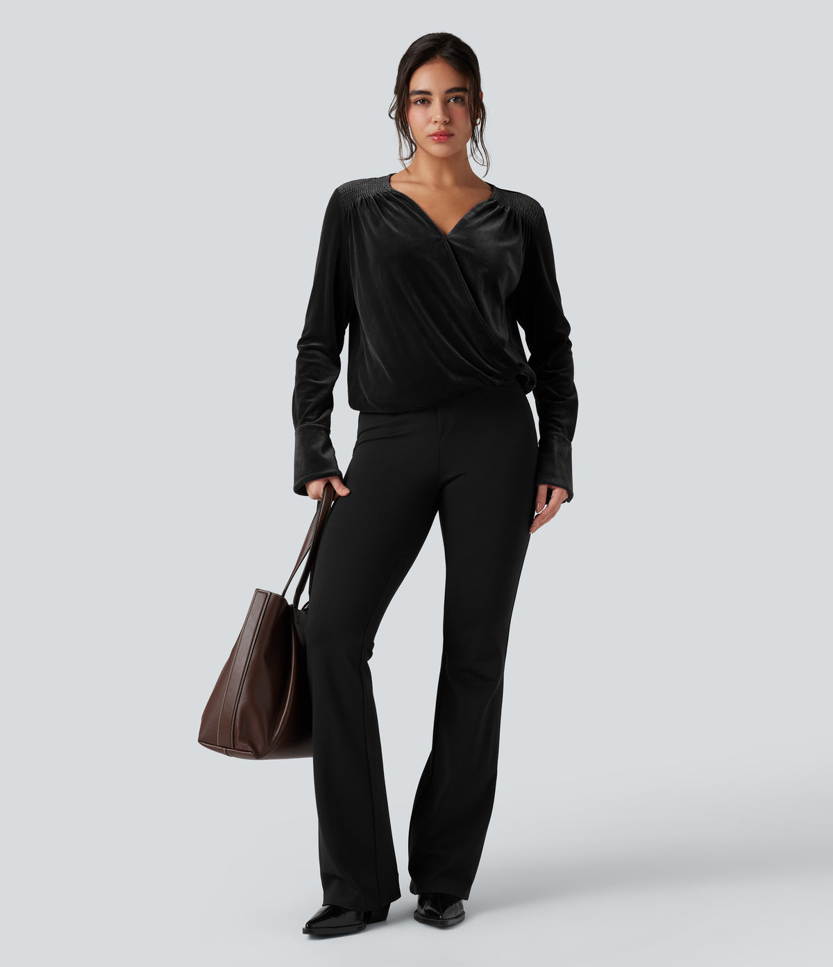 Crossover V-neck Long Sleeve Velvet Work Blouse — Black — view 6