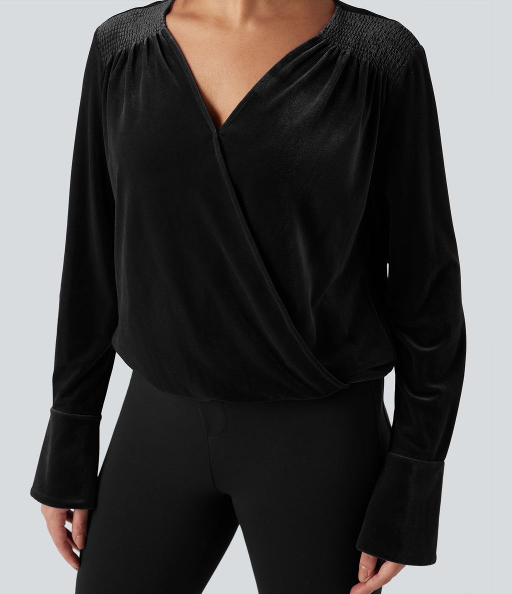Crossover V-neck Long Sleeve Velvet Work Blouse — Black — view 4