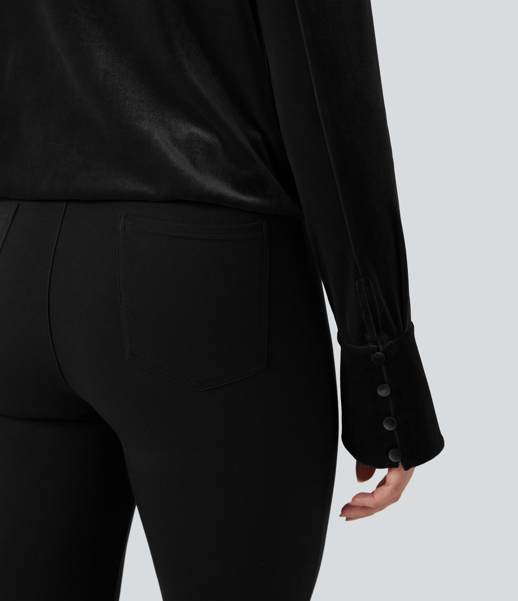 Crossover V-neck Long Sleeve Velvet Work Blouse — Black — view 5