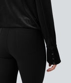 Crossover V-neck Long Sleeve Velvet Work Blouse — Black — view 5