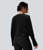 Crossover V-neck Long Sleeve Velvet Work Blouse — Black — view 2