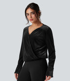 Crossover V-neck Long Sleeve Velvet Work Blouse — Black — view 3