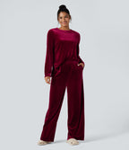 High Waisted Velvet Casual Baggy Lounge Trousers with Pockets — Sangria — view 5