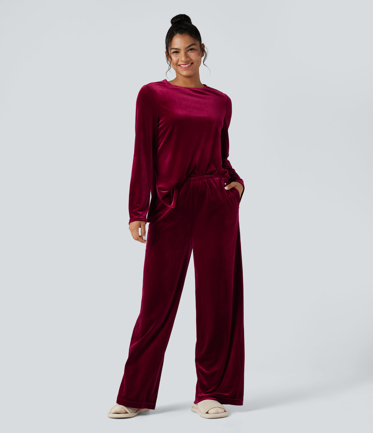 High Waisted Velvet Casual Baggy Lounge Trousers with Pockets — Sangria — view 5