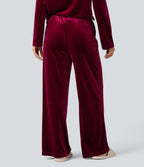 High Waisted Velvet Casual Baggy Lounge Trousers with Pockets — Sangria — view 2